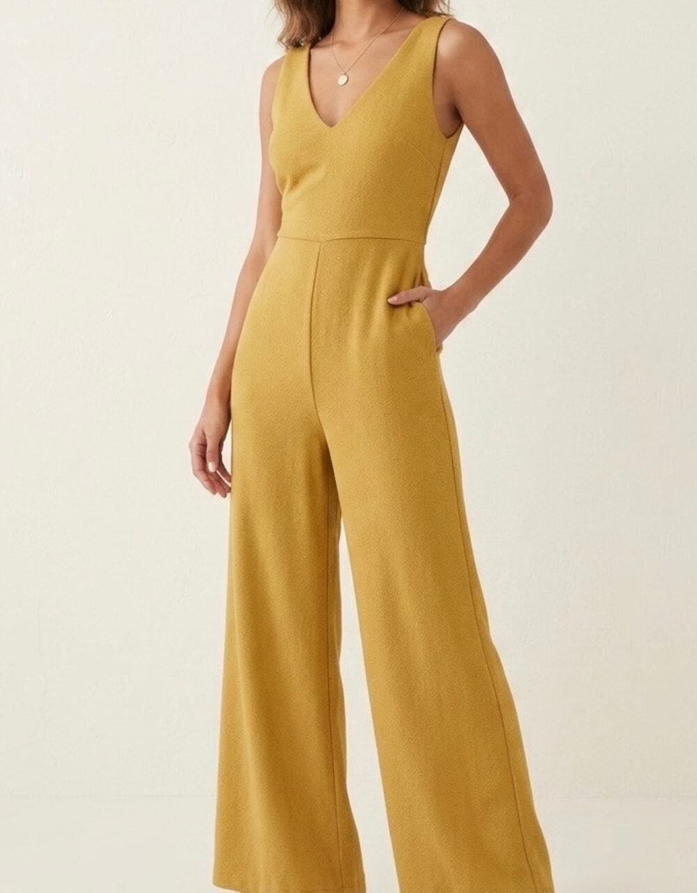 LUSH Mustard Yellow Textured Wide-Leg Jumpsuit V-Neck Sleeveless Size S